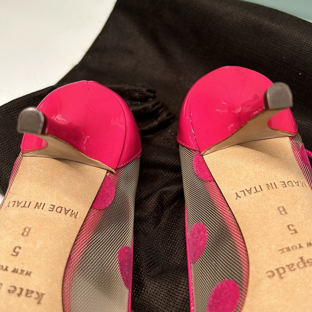 Kate Spade Pink Polka Dot with Mesh and Pink Bow Accents. 2 Inch Heels/Pumps. - Picture 8 of 8